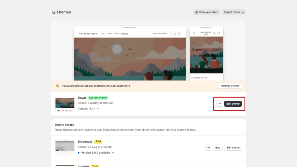 Edit theme option in Shopify admin panel Edit theme option in Shopify admin panel