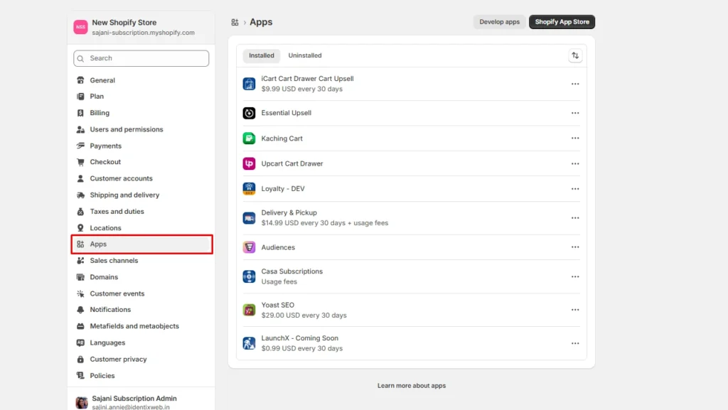 App settings in Shopify admin panel App settings in Shopify admin panel