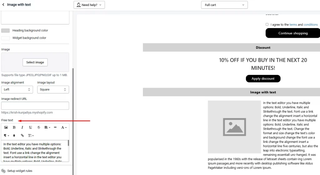 Free text section in iCart Free text section in iCart