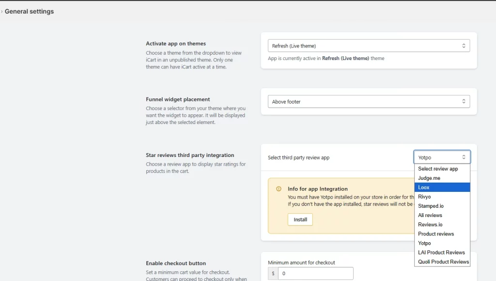 Shopify review app integration with iCart.