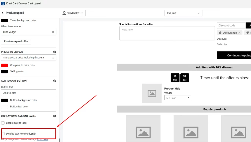 The product upsell feature will show Shopify review apps. 