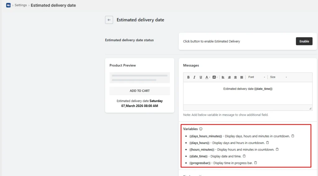 Setting variables for estimated delivery date and time