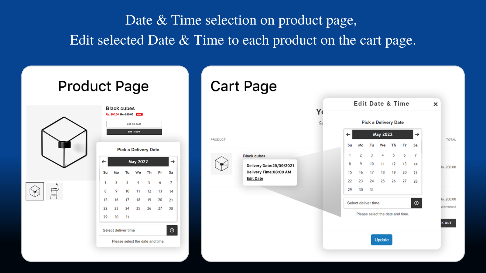Product date picker calendar, cart page time picker calendar