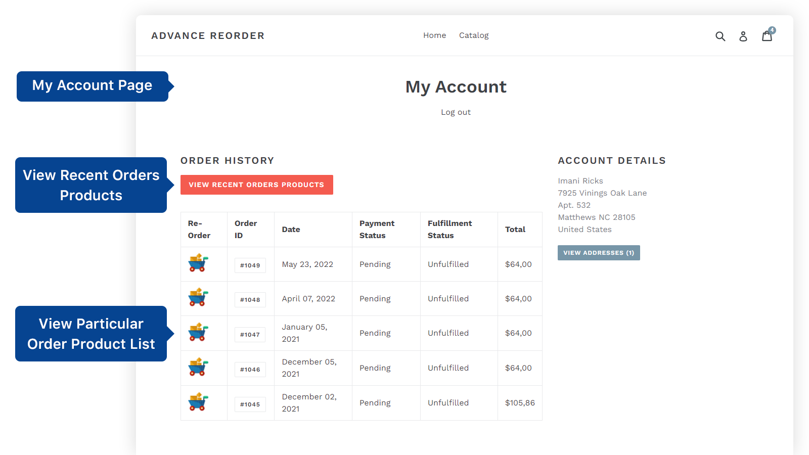 reorder with my account page, recently purchased item reorder