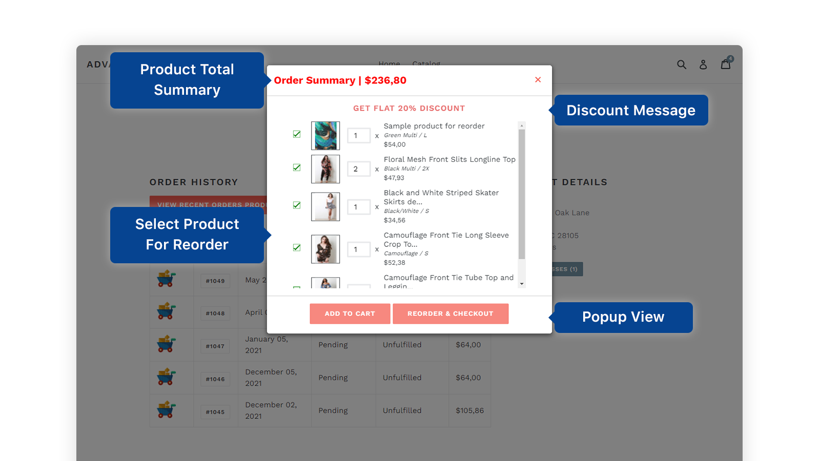 Order summary, popup, order reorder on account page