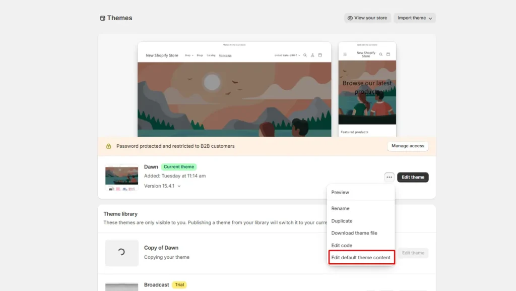 Edit default theme content option Edit default theme content option