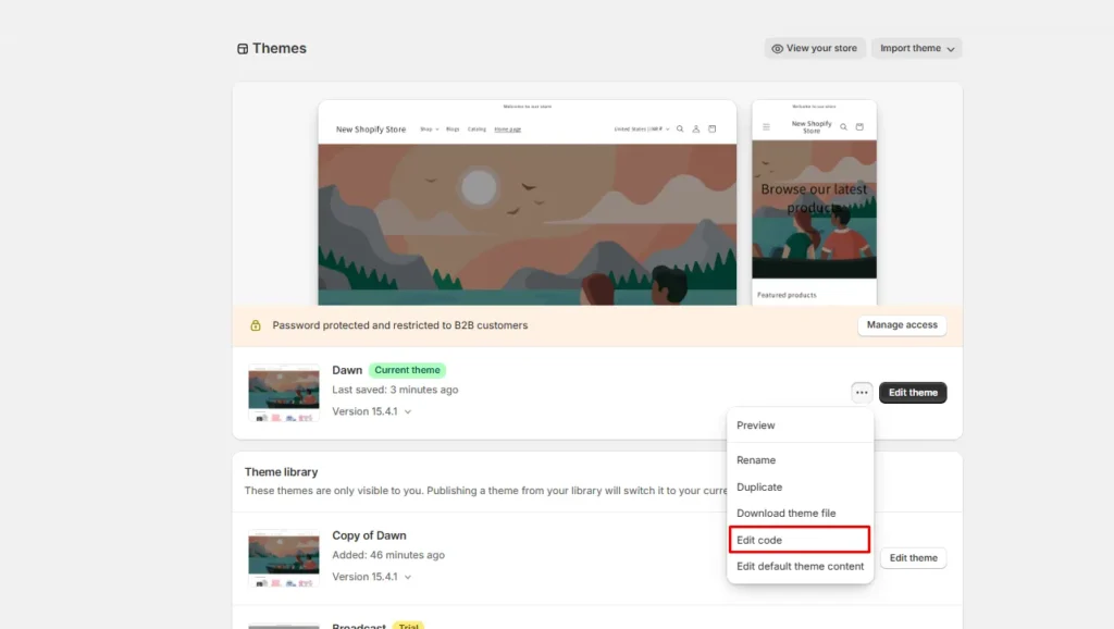Edit code option in theme Edit code option in theme