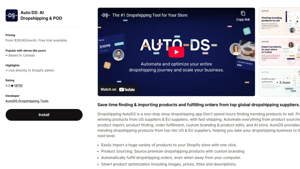 AutoDS: AI Dropshipping & POD Shopify app.