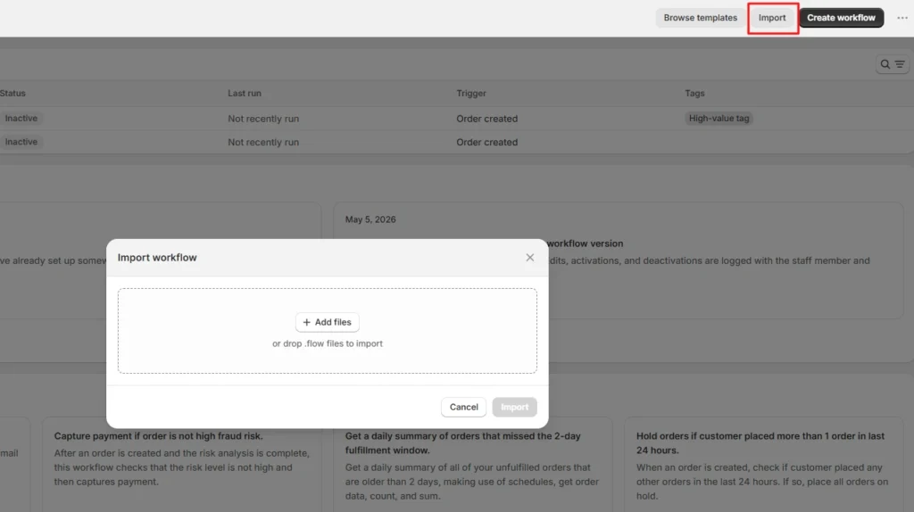 Import Shopify Flow workflows