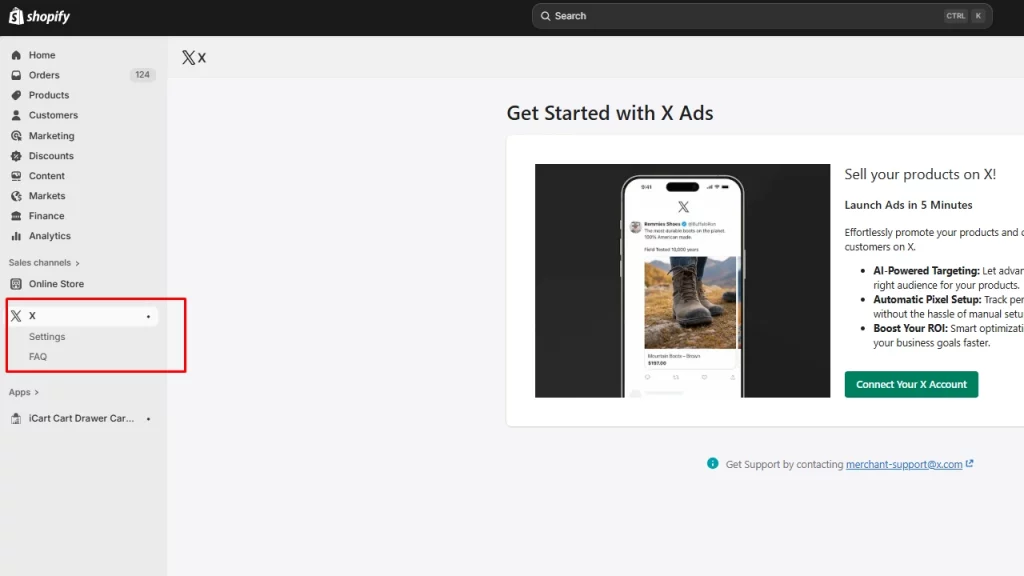Add X's sales channel to your Shopify store. 