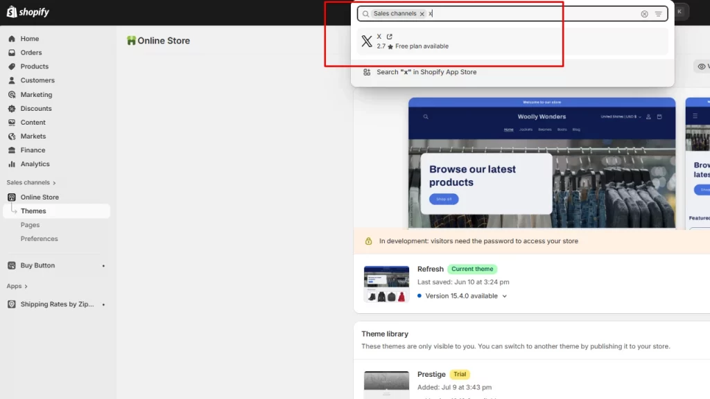Integrate X's sales channel into your Shopify store. 