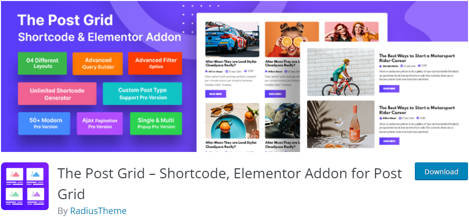 radius theme post grid plugin