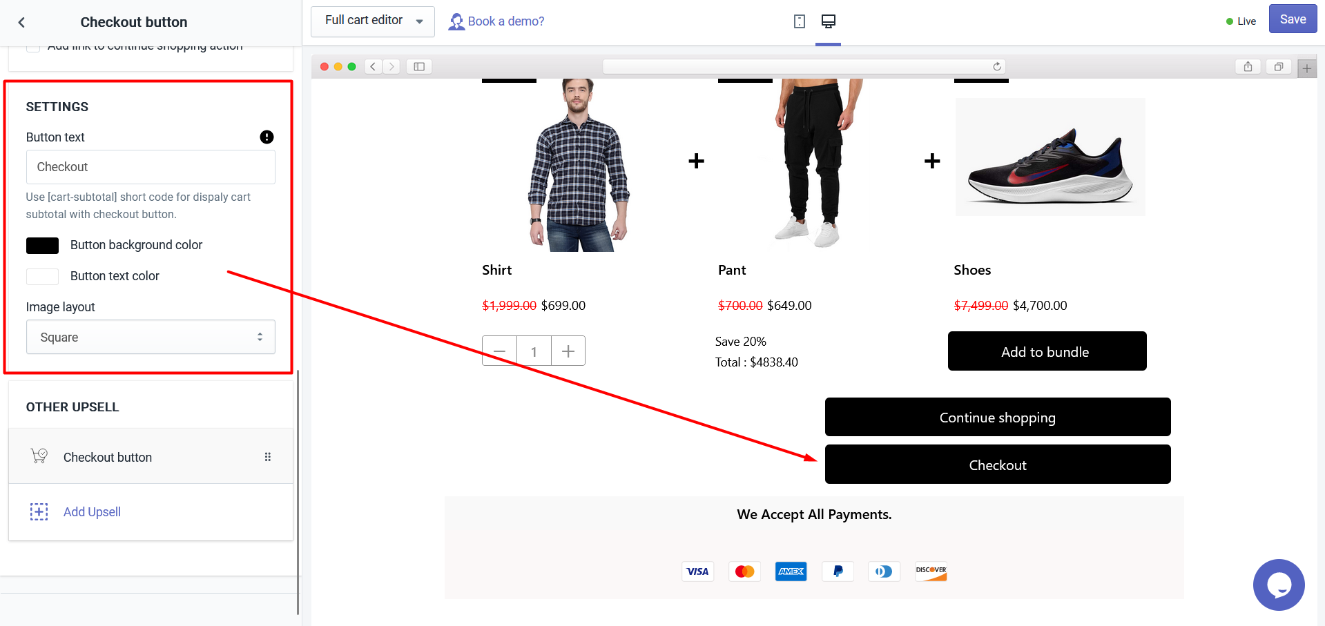 Checkout button settings - Best Upsell