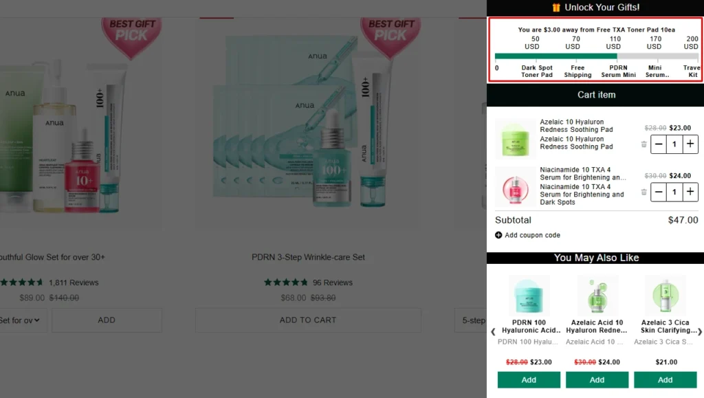 Anua, a Shopify store using iCart for BOGO offers Anua, a Shopify store using iCart for BOGO offers