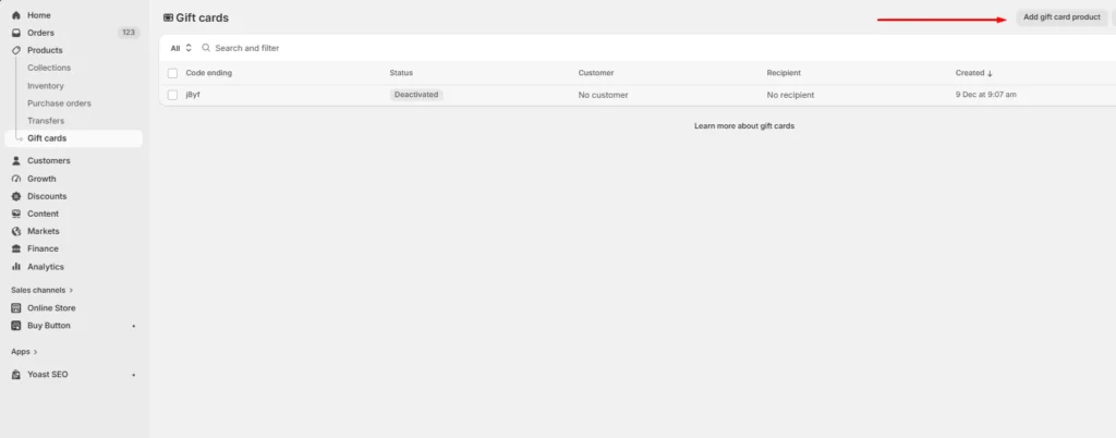 Add gift card products button Add gift card products button