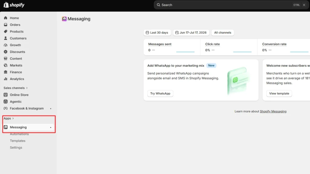 Admin > Apps > Messaging Admin > Apps > Messaging