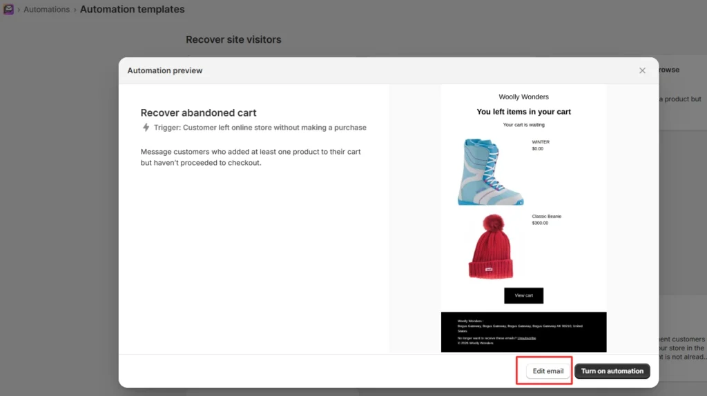 Edit email option Edit email option