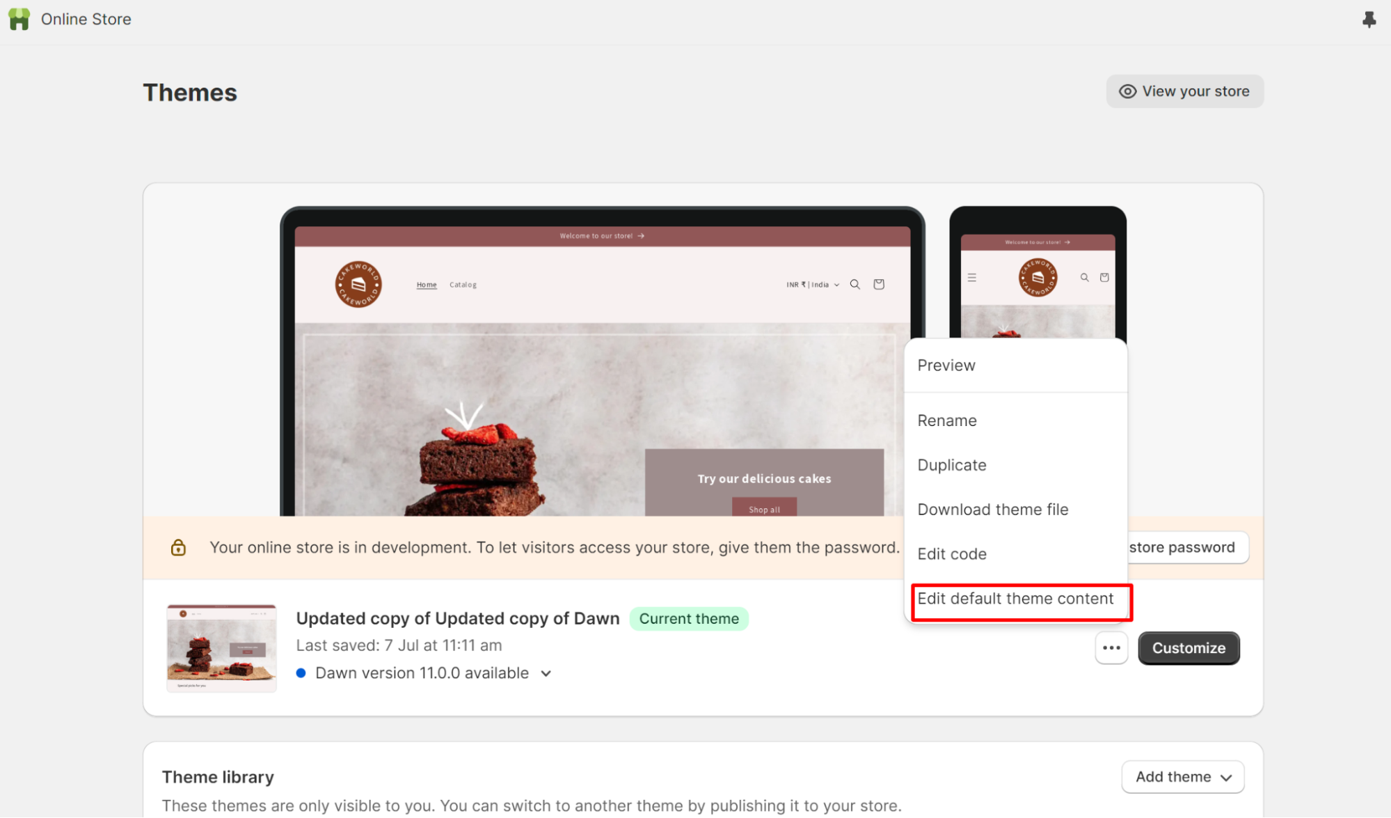 edit default theme content in Shopify