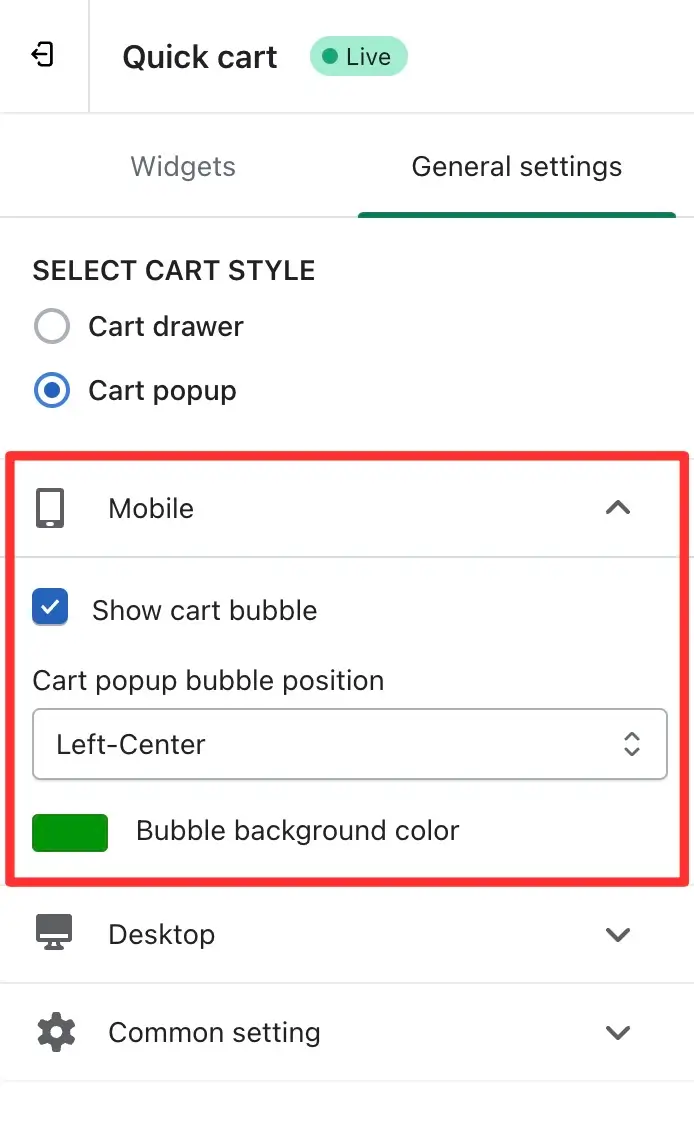 Mobile setting - Cart Popup