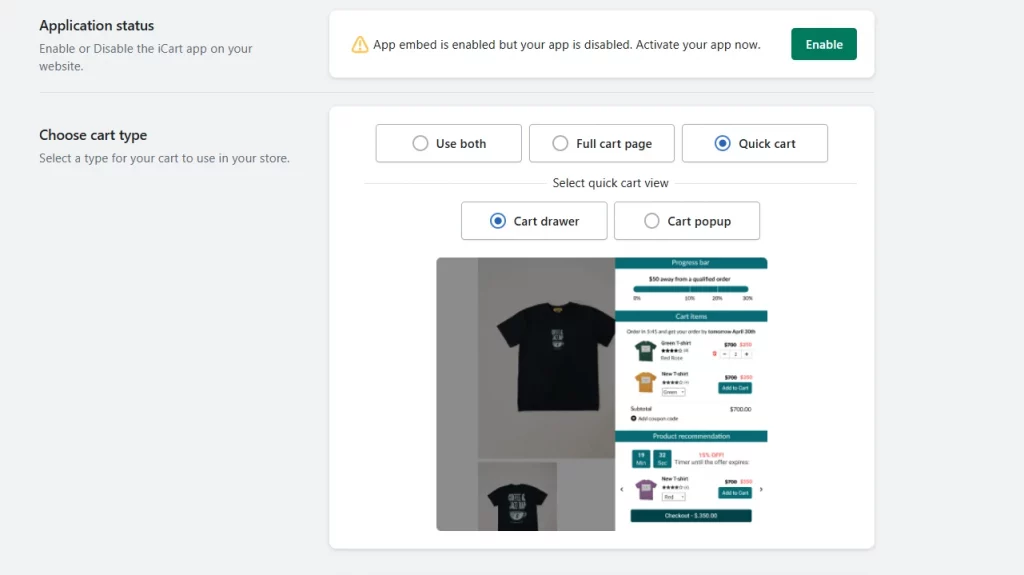 Enable iCart on your Shopify store. 