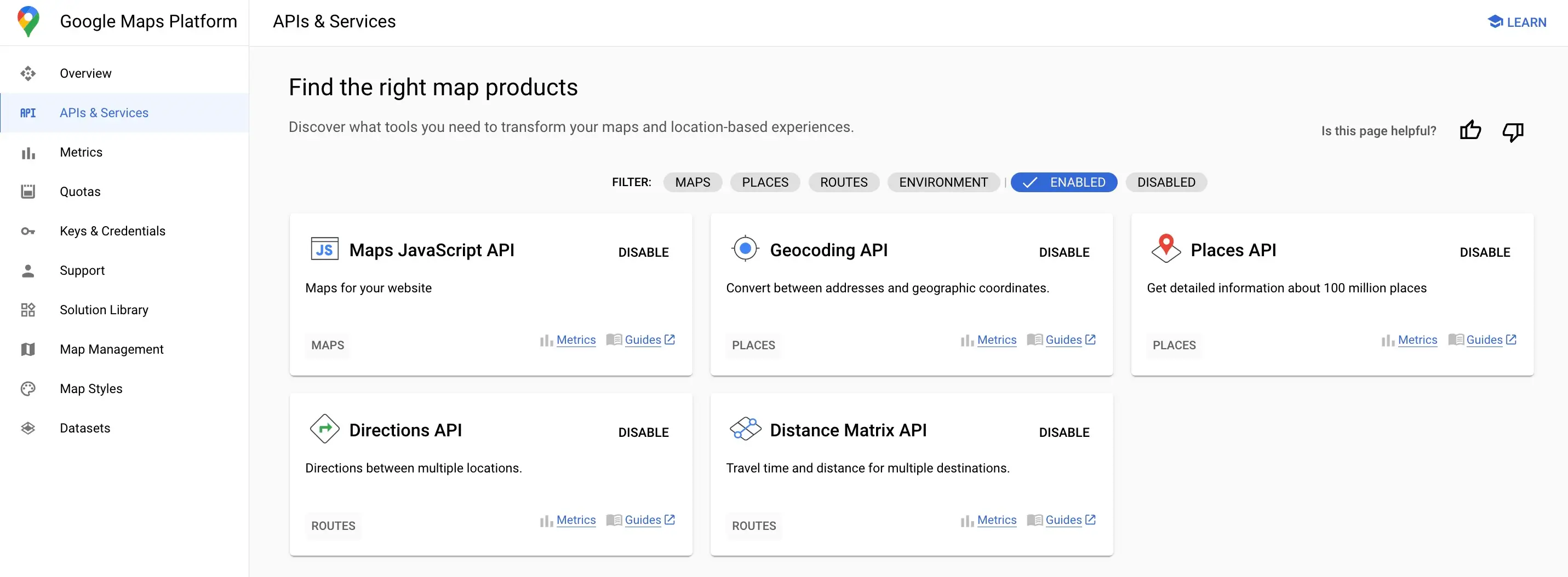 Enabled APIs for Map