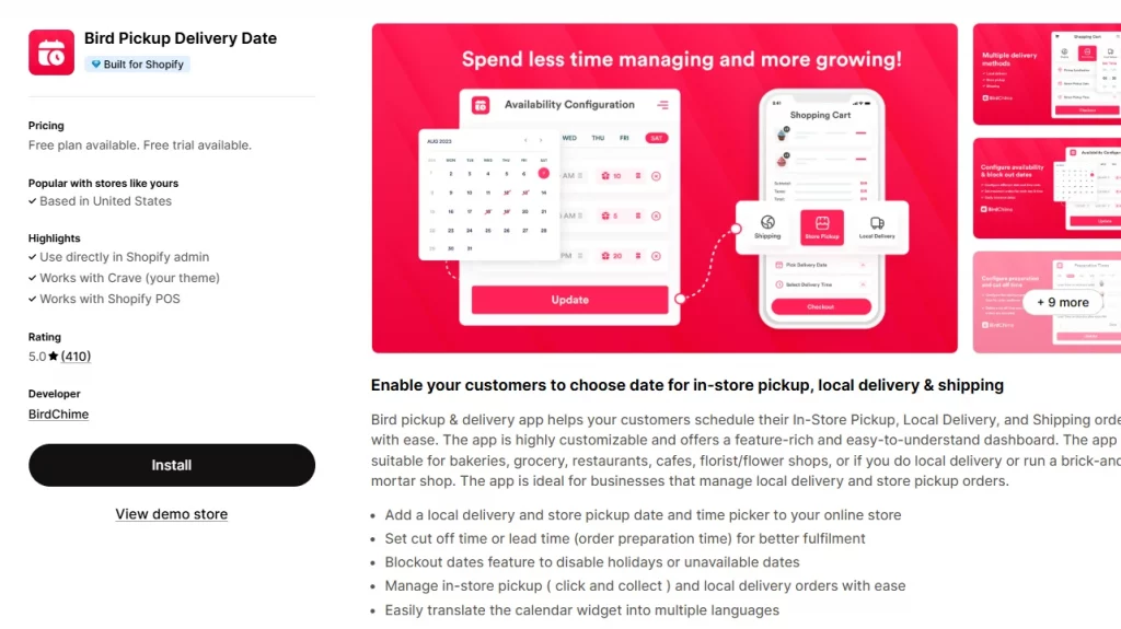 Bird Pickup Delivery Date Shopify app. 