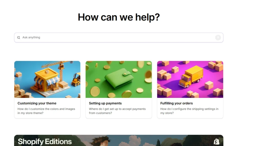 Homepage of Shopify help centre Homepage of Shopify help centre