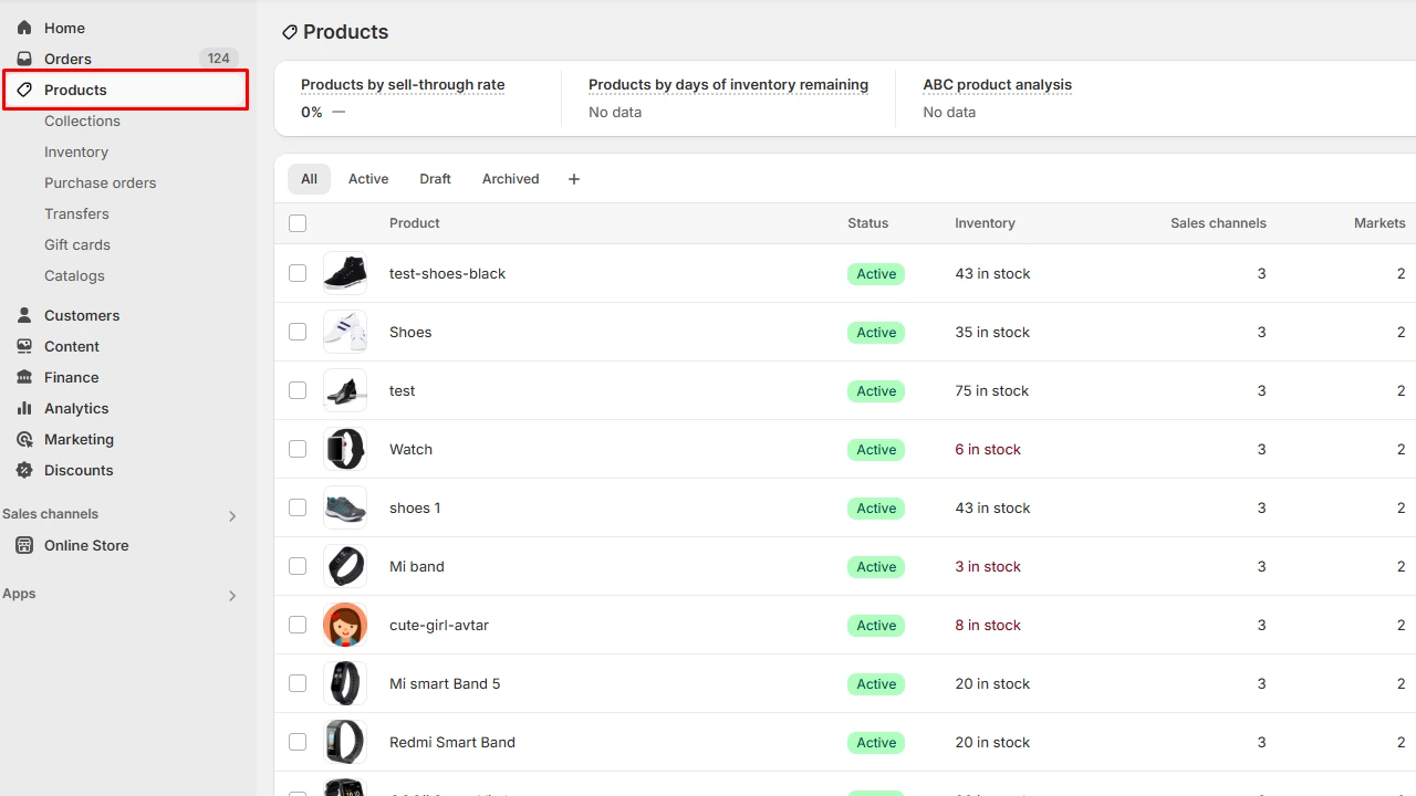 Dashboard of Shopify Store Products