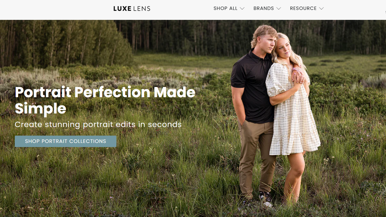 Luxe Lens Shopify theme homepage showcasing portrait editing services with call to action for portrait collections