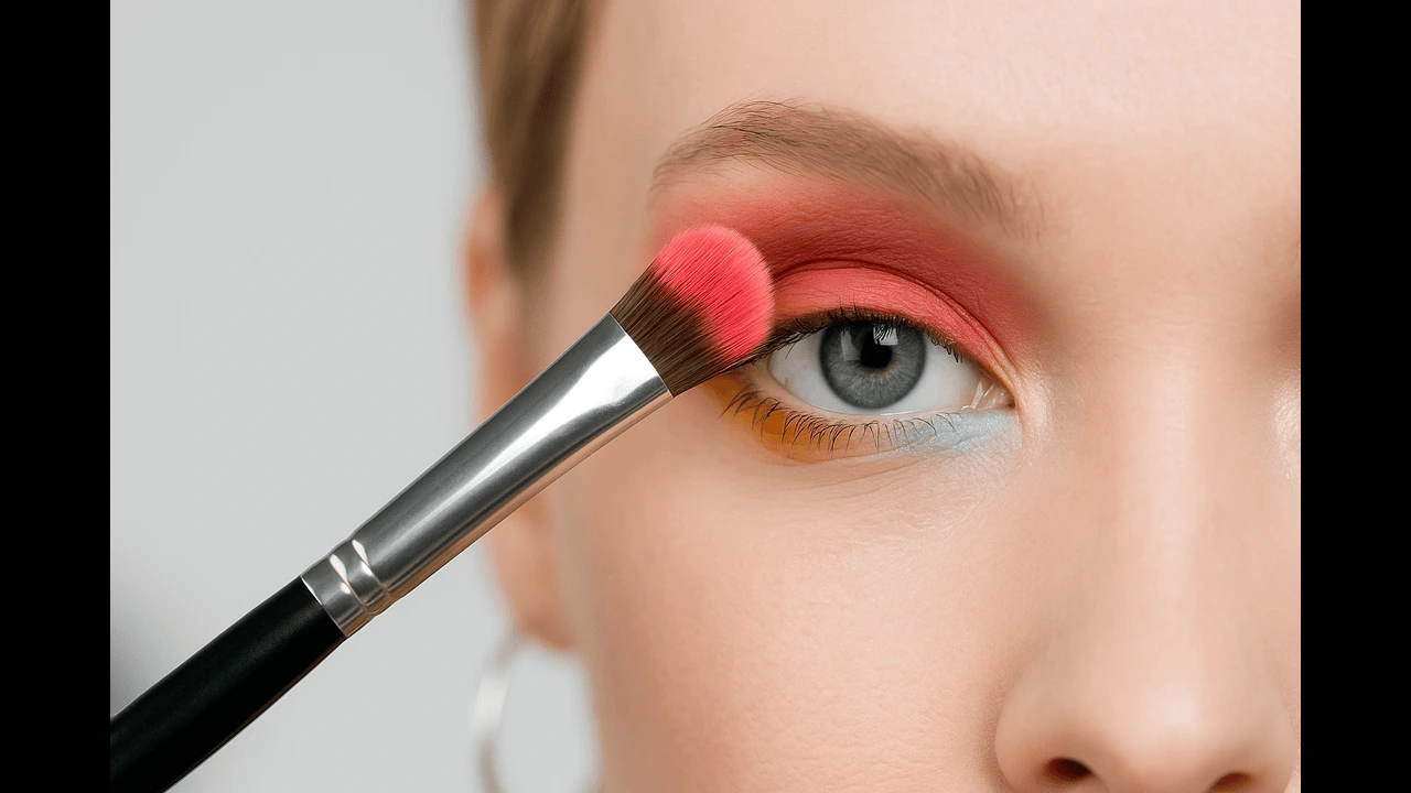 Close-up of woman applying pink eyeshadow with a brush, showcasing makeup products to sell online in a home-based beauty business