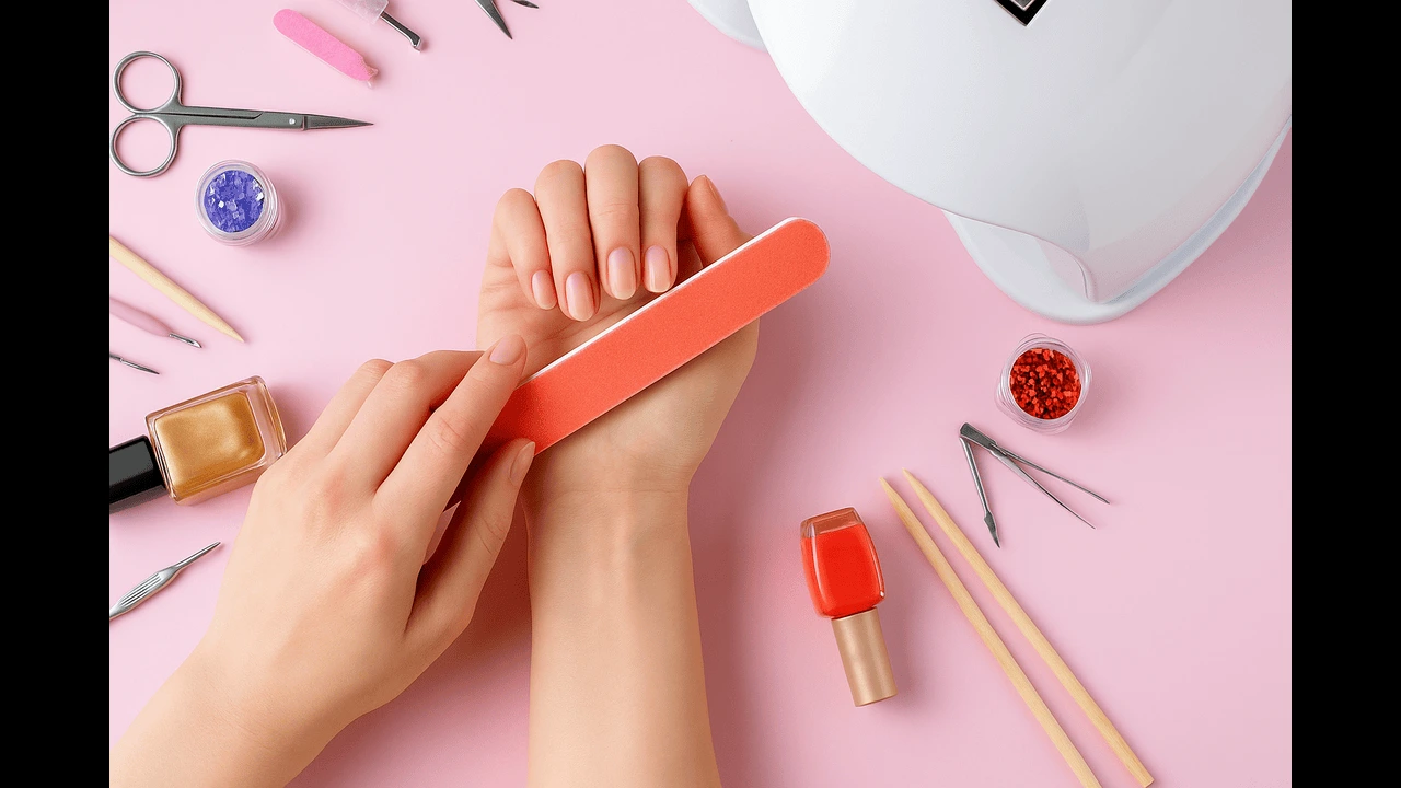 Home manicure setup with nail file, polish, and manicure tools, ideal for selling beauty products online and at-home salons