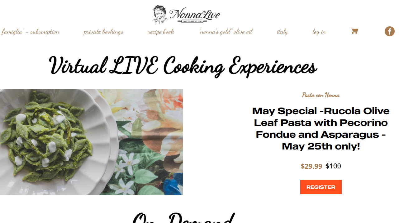 Nonna Live Shopify store offering virtual live cooking experiences and online service booking
