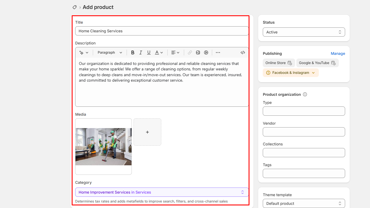 Home cleaning services product setup on Shopify for service-based business with service description and category selection