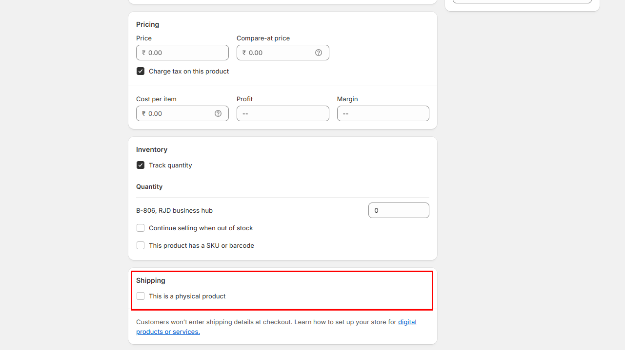 Shopify service product pricing and shipping settings showing non-physical product option for service-based store setup