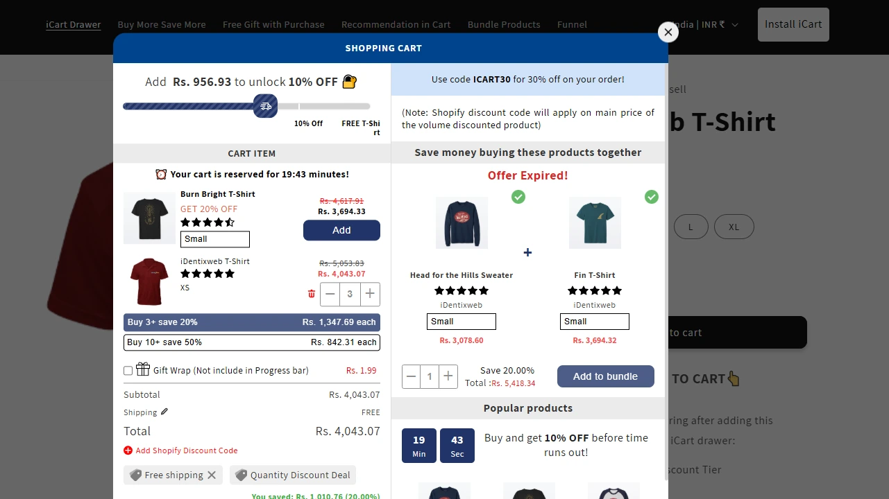 Cart Page Upsell Example of iCart