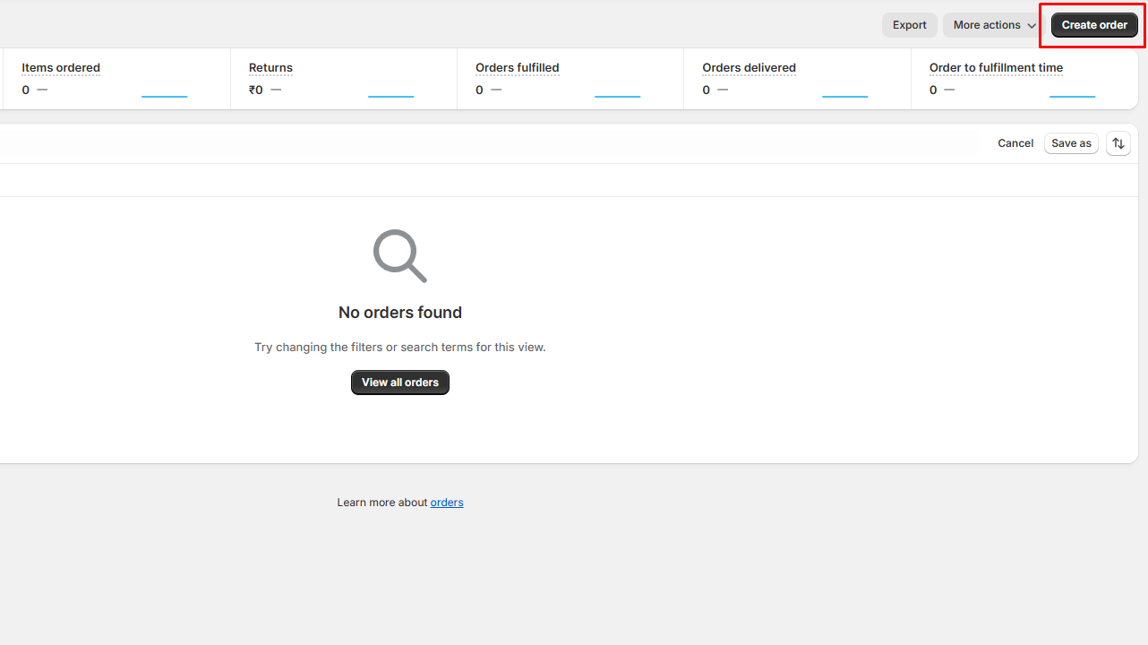 Shopify admin dashboard highlighting Create Order button
