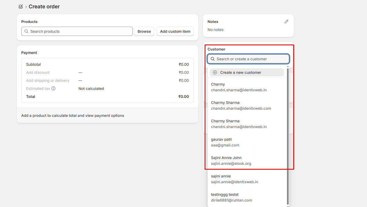 Shopify order page with customer information and shipping address visible