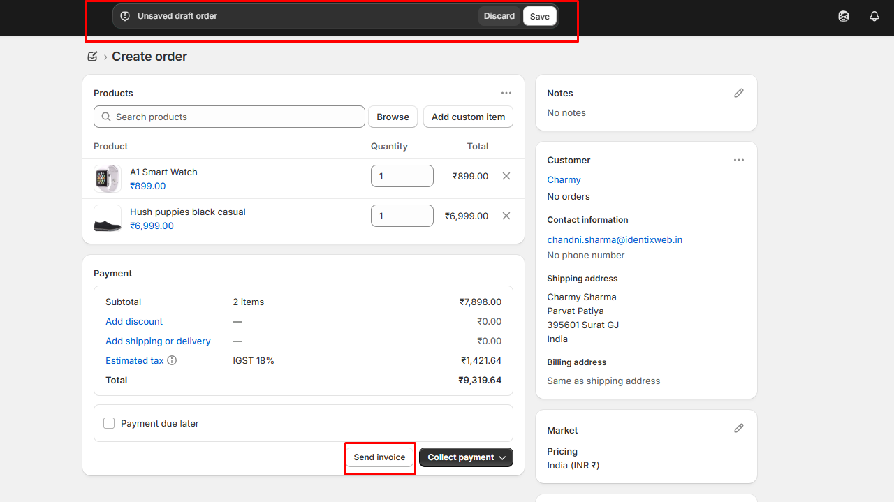 Shopify admin panel displaying order summary with invoice generation button