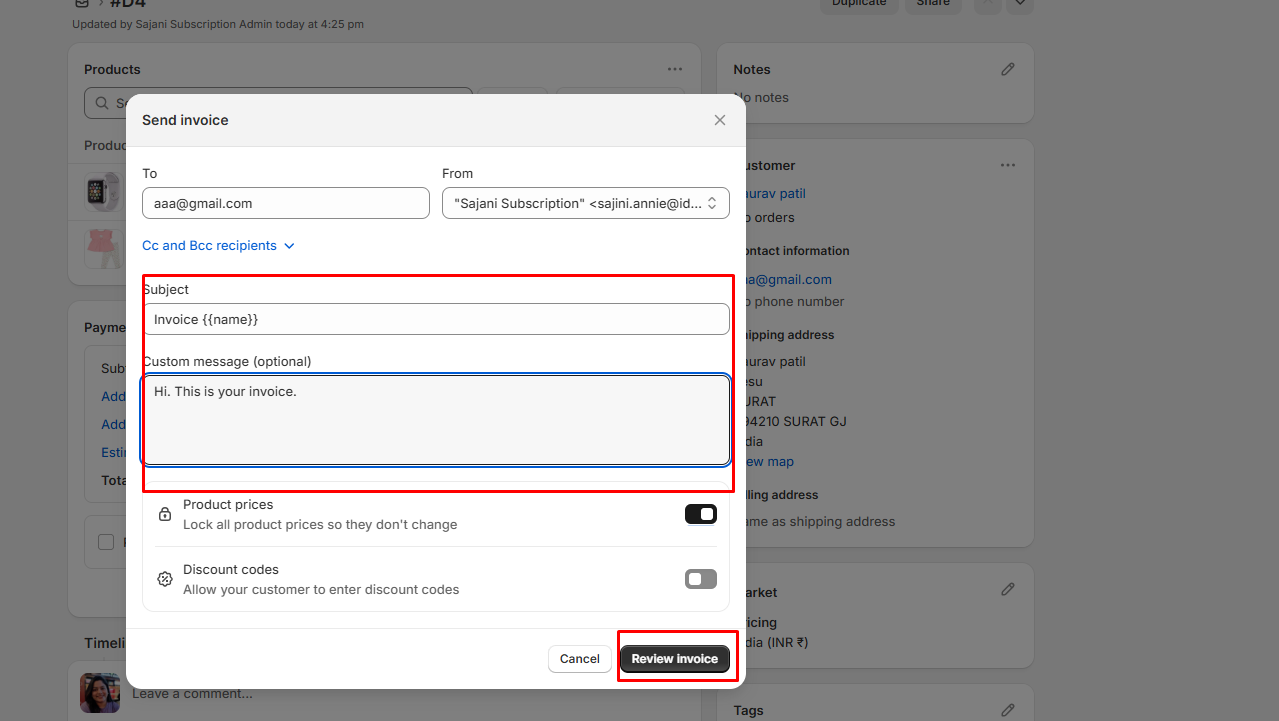 Shopify order invoice displayed with subject and custom message box