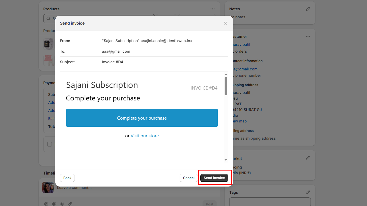 Print preview of a Shopify invoice with complete billing and shipping details