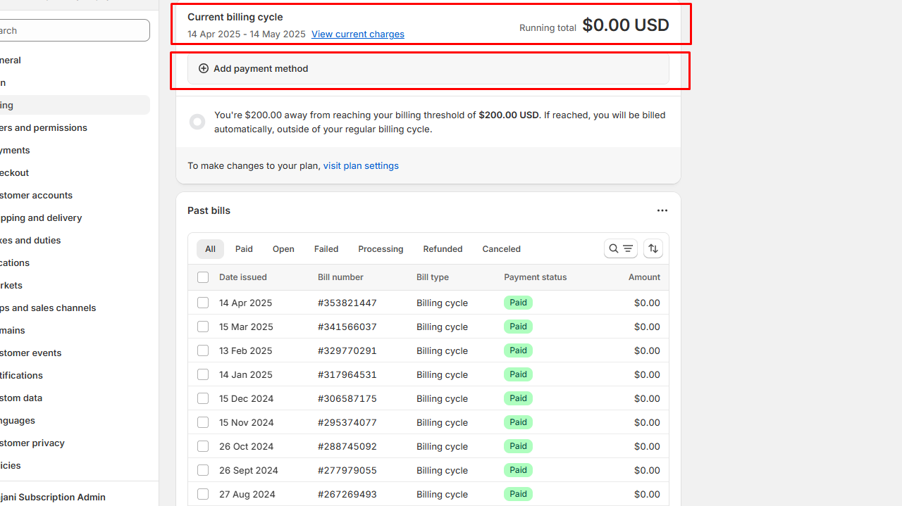 Billing cycle for invoicing in Shopify admin