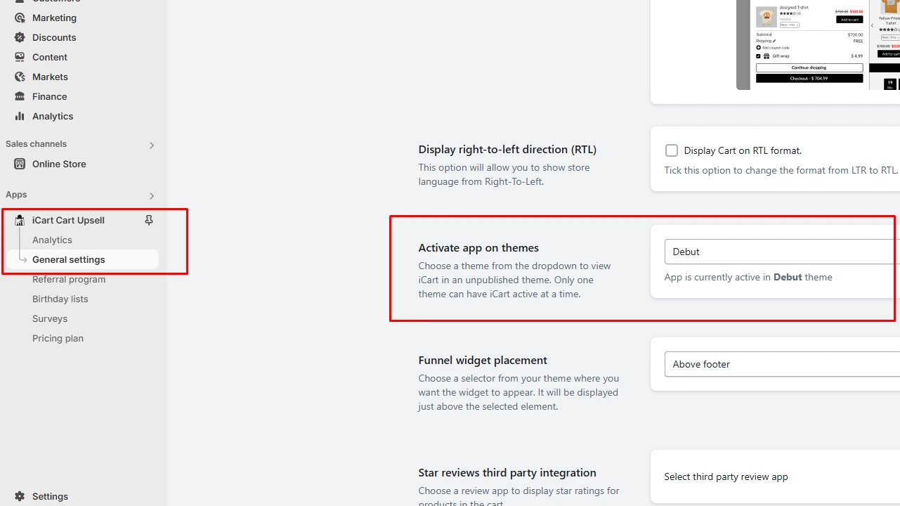 Shopify admin iCart cart upsell app settings page showing app activation on Debut theme and general settings