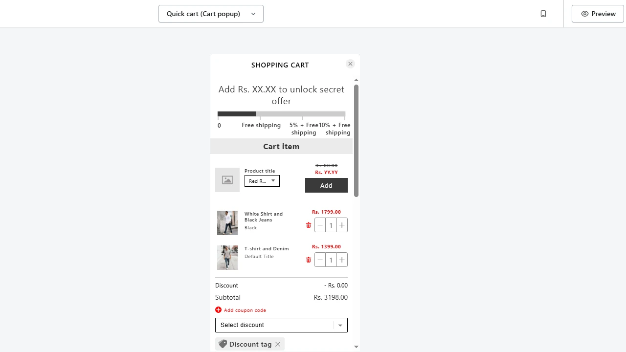 iCart’s cart pop-up mobile view