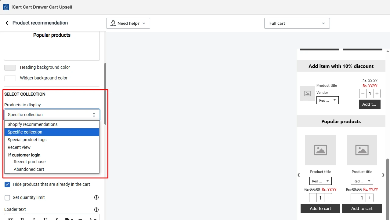 Shopify iCart product recommendation settings showing collection selection dropdown for targeted upsell display