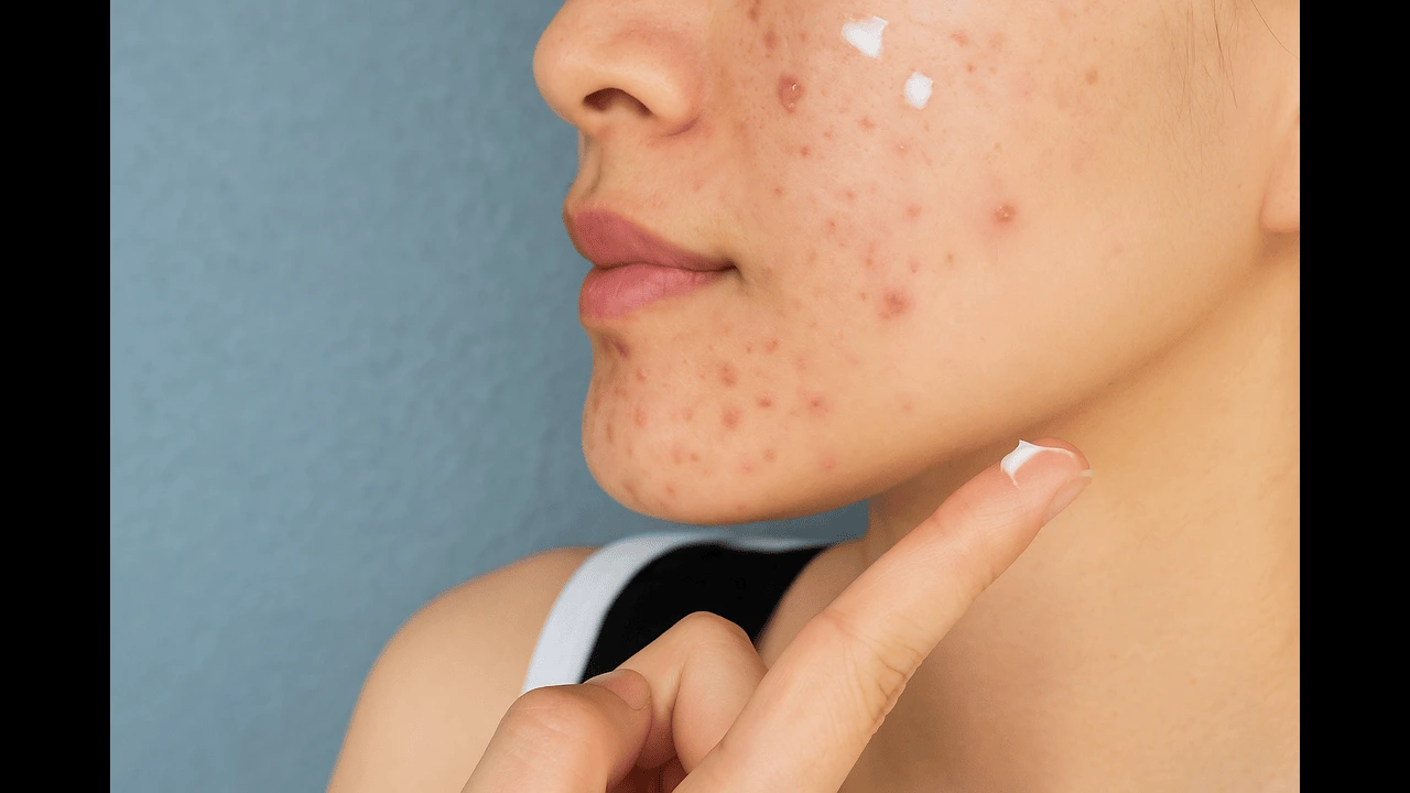 Close-up of a woman applying skincare cream on acne-prone skin, demonstrating effective home-based beauty product use for clearer skin