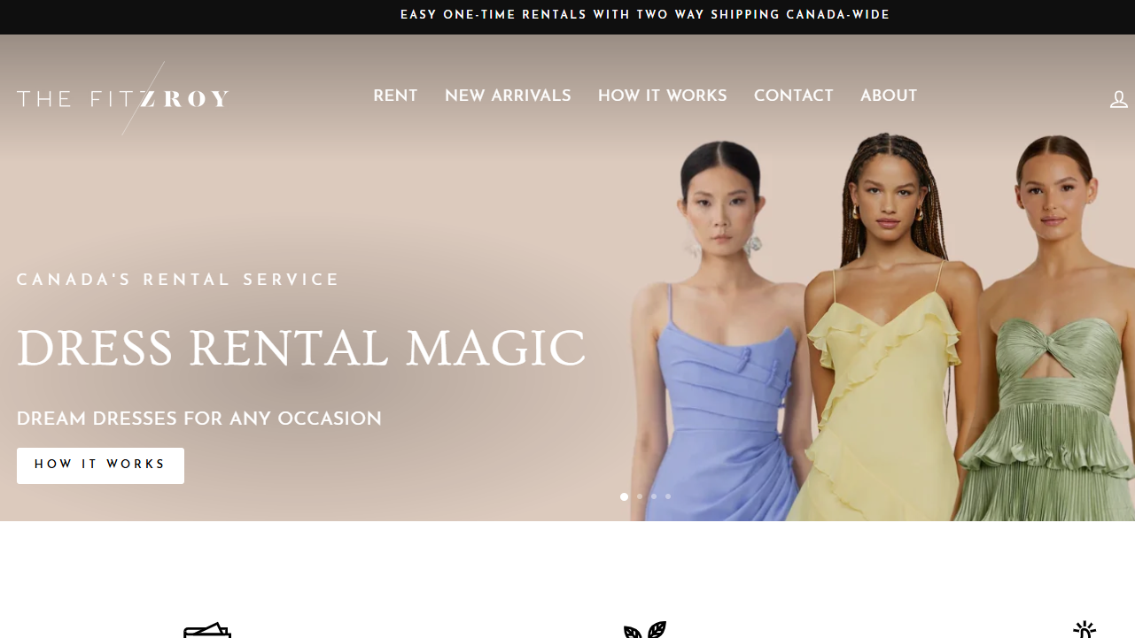 The Fitzroy Shopify store homepage promoting dress rental service with rental process information