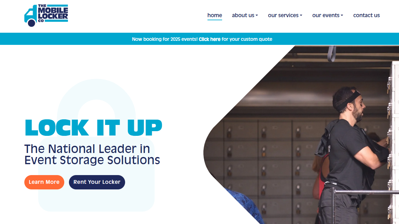 The Mobile Locker Shopify store homepage featuring event storage solutions and rental service offerings