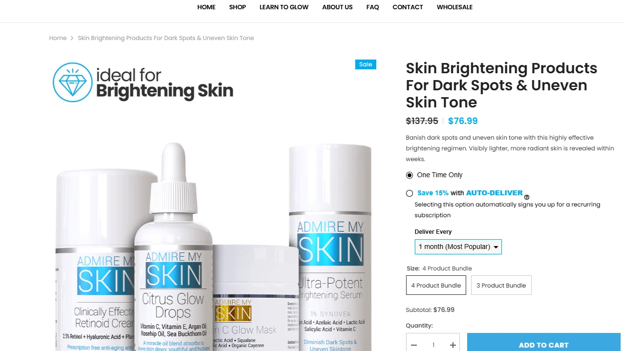 Set of brightening skincare products for dark spots and uneven skin tone, best-selling items in online cosmetics business