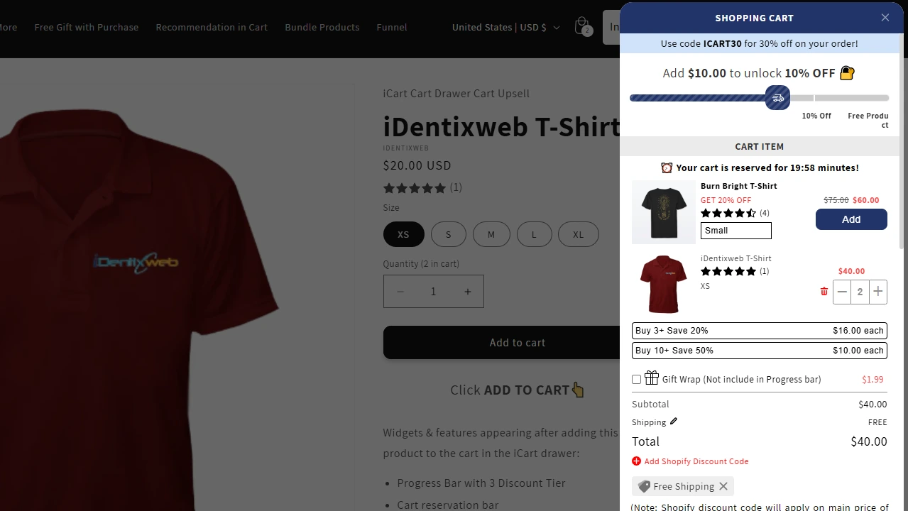 Shopify product page with iCart cart upsell popup showing product quantities, discounts, and gift wrap options