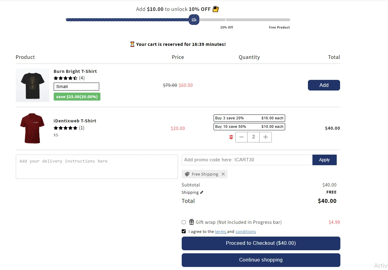 Shopify cart page with product list